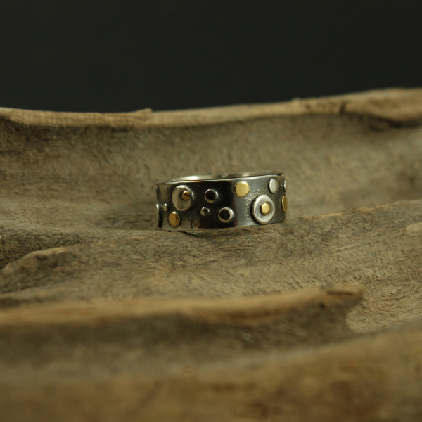 Funky Antiqued Ring with Silver and 18K Gold Circles
