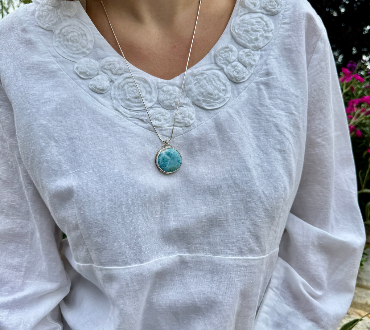 Round Larimar & Silver Pendant on 24” chain