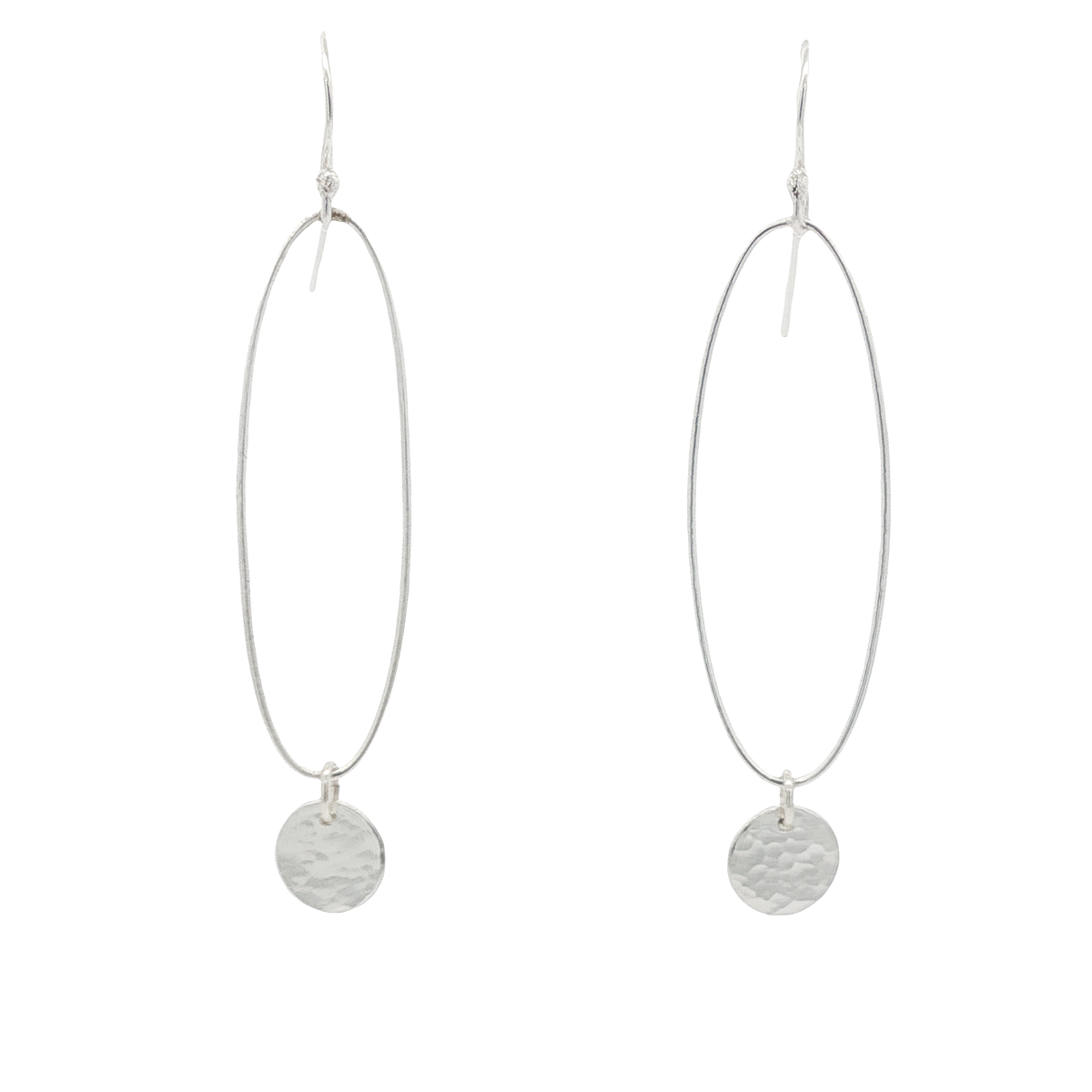 Sterling Silver Oval Hoop Dangle Earrings with Hammered Discs