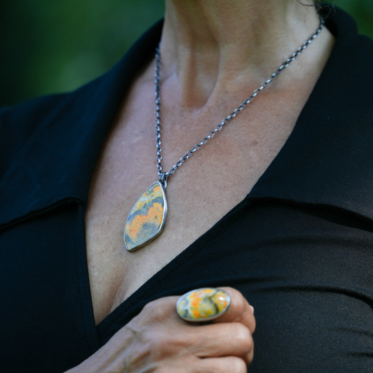 Large Bumble Bee Jasper Silver Pendant