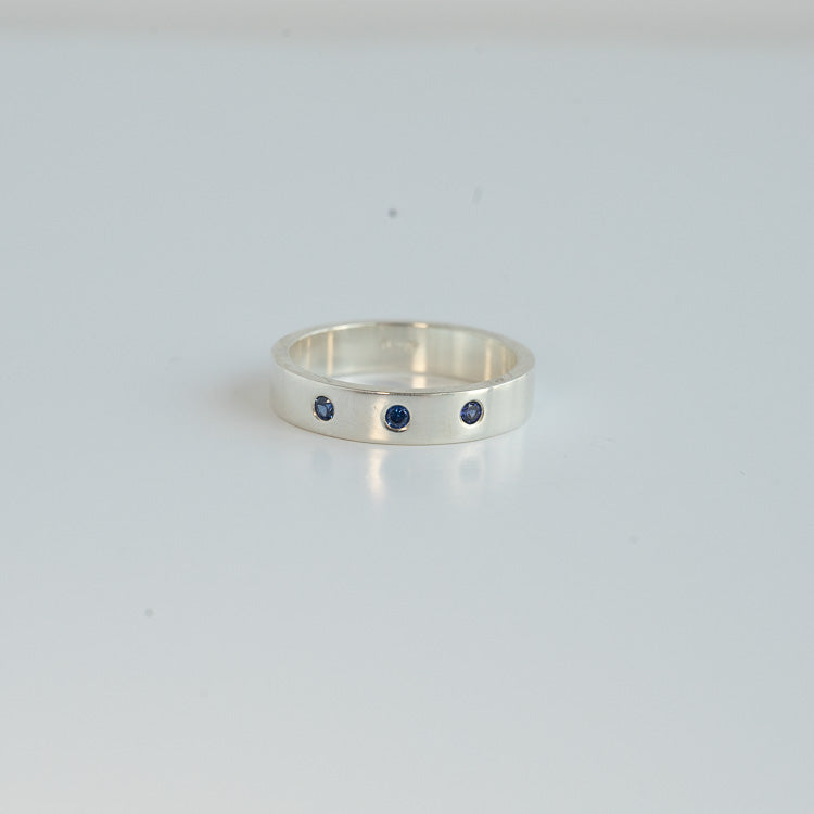 Three Stone Silver ring band - Blue CZ