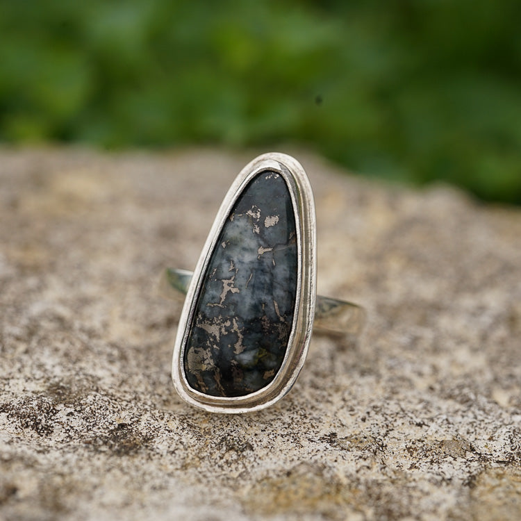 Long Native Silver  Stone on a Thin Silver Ring