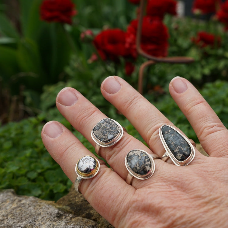 Long Native Silver  Stone on a Thin Silver Ring