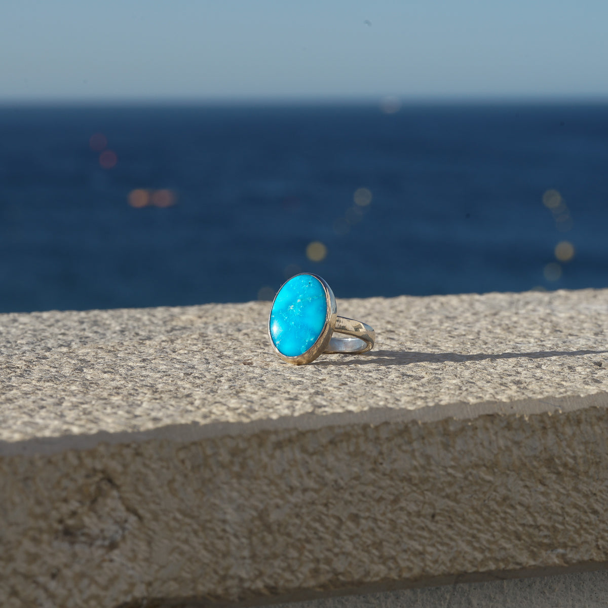 Bright Blue Oval Kingman Turquoise Ring on Sterling Silver Band