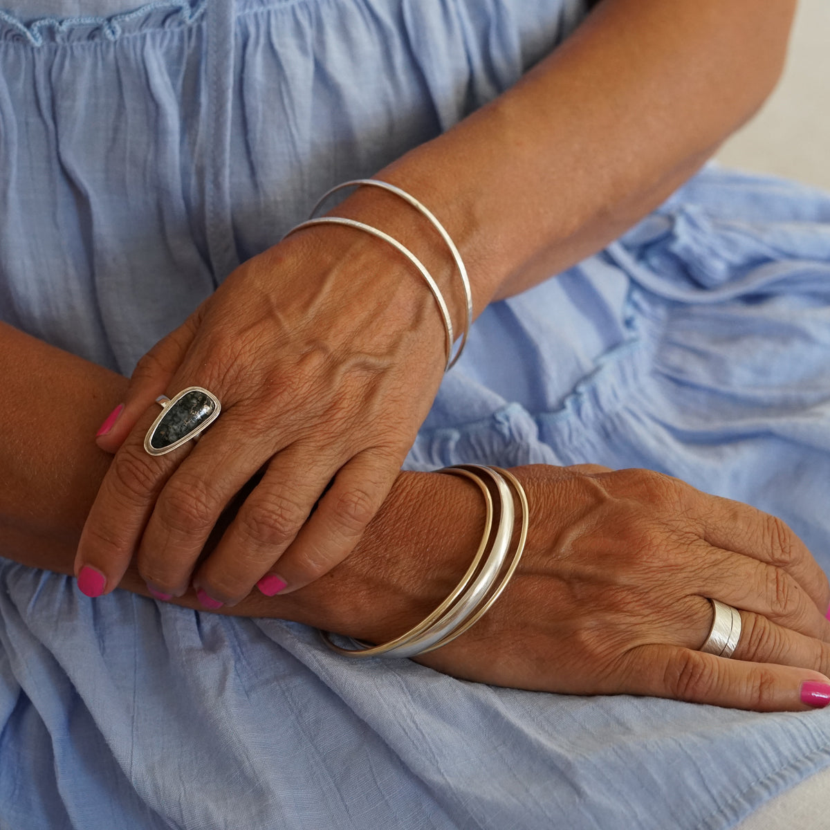 Long Native Silver  Stone on a Thin Silver Ring