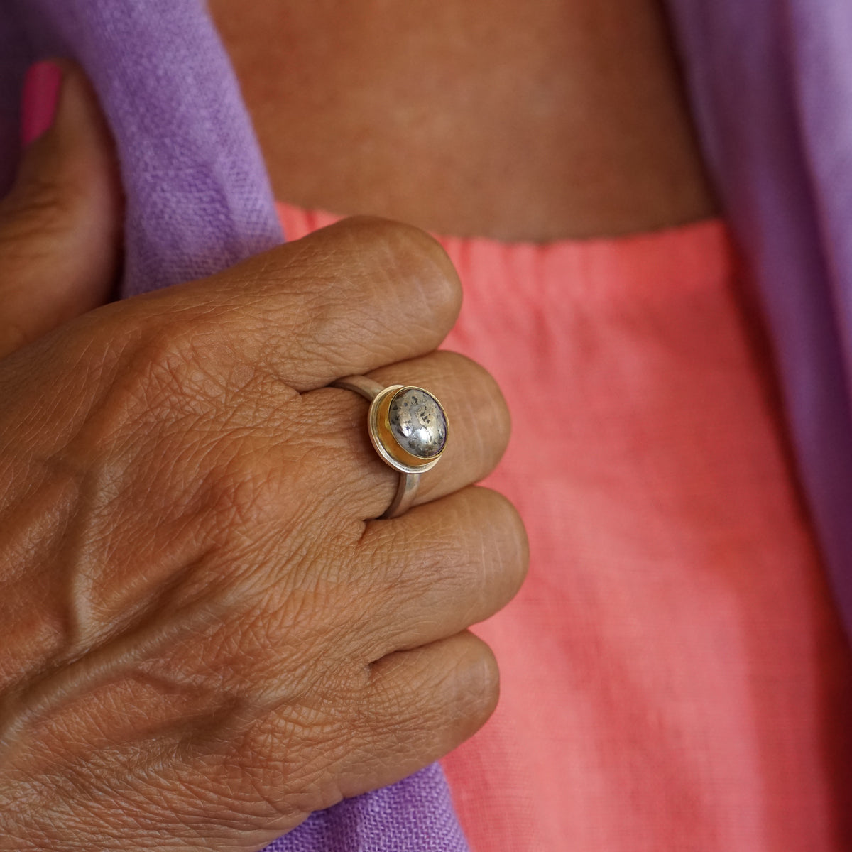 Native Silver  Ring set in 22k gold on a silver band