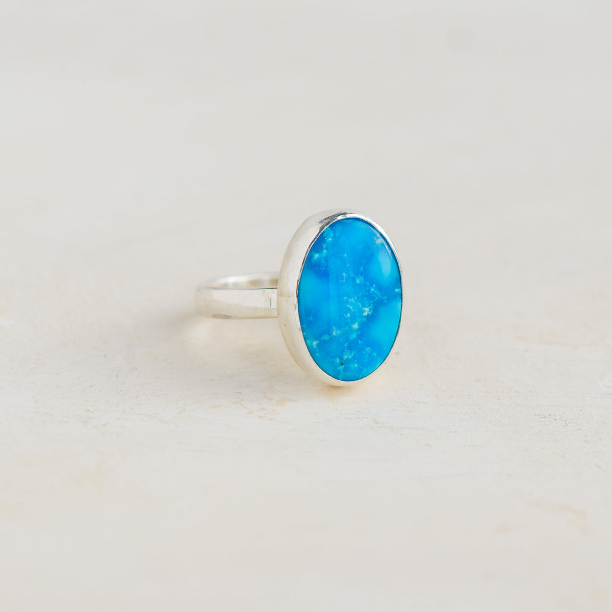 Bright Blue Oval Kingman Turquoise Ring on Sterling Silver Band