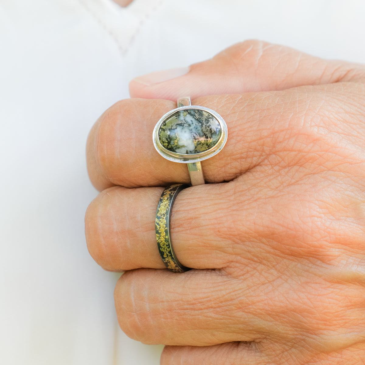 Oval Native Silver  Stone on a Thin Silver Ring