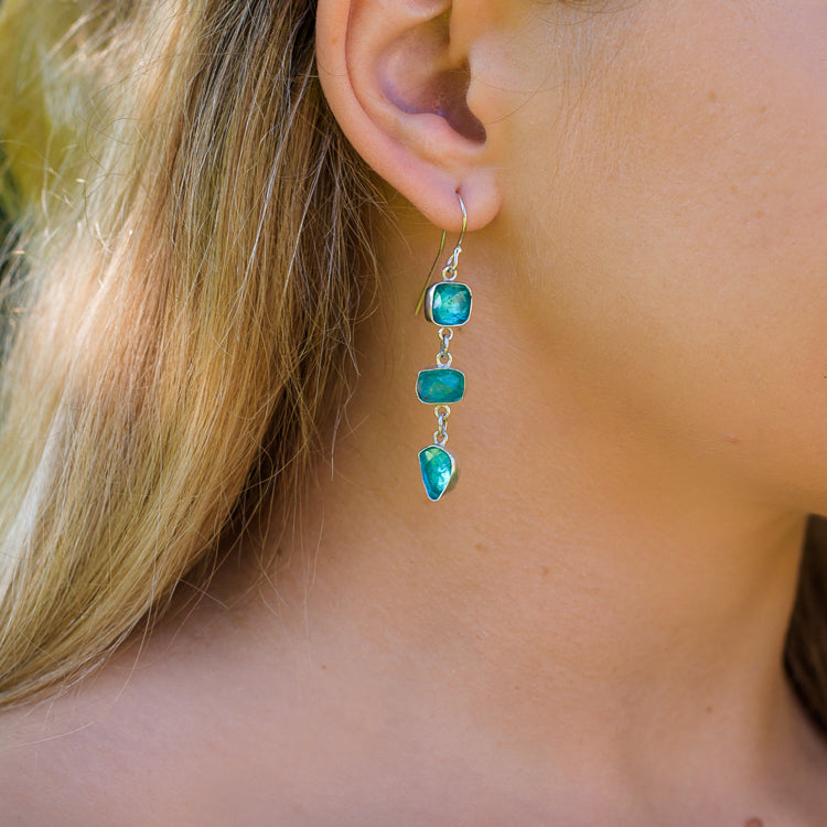 Sparkly Turquoise coloured apatite triple drop earrings handmade in sterling silver.  Handmade by Laura De Zordo Jewellery