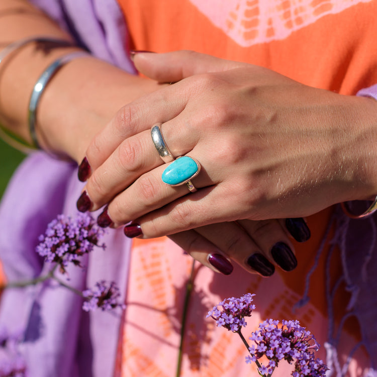 Candelaria Freeform Turquoise Ring on Sterling Silver Band