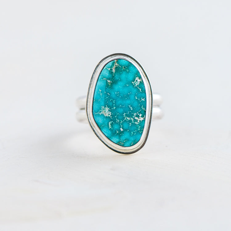 Natural Kingman Teal Turquoise Ring on Sterling Silver Double Band