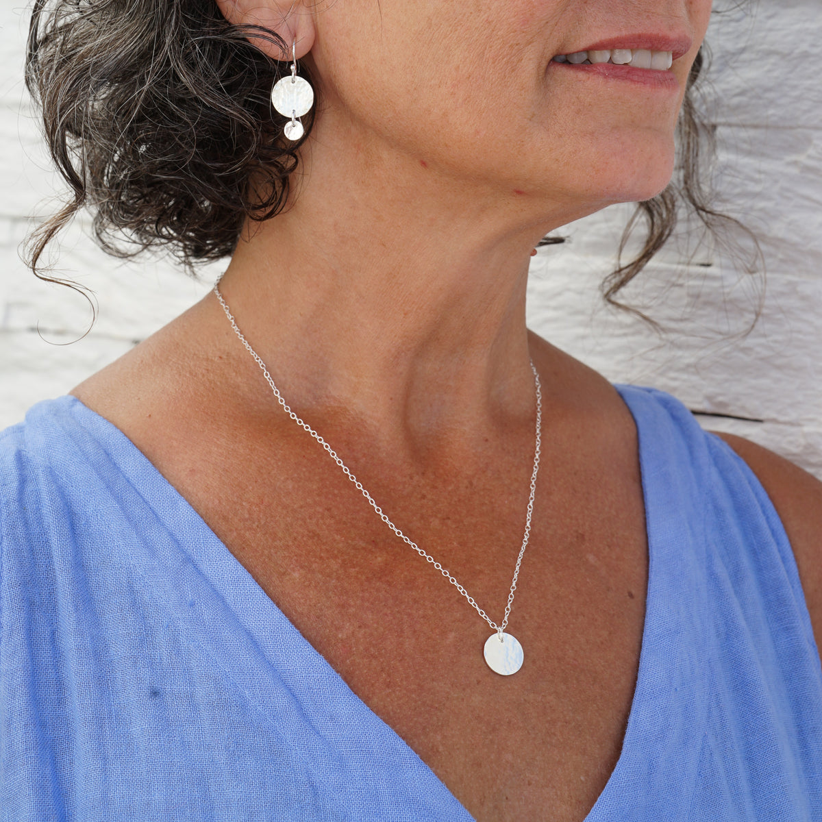 Single Hammered Silver Circle Pendant on 18&quot; dainty chain