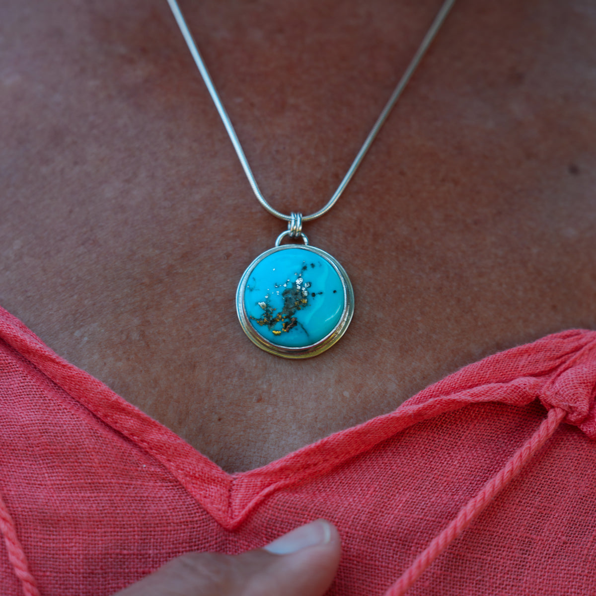 Round Havasa Blue Turquoise Pendant on 18" snake Chain