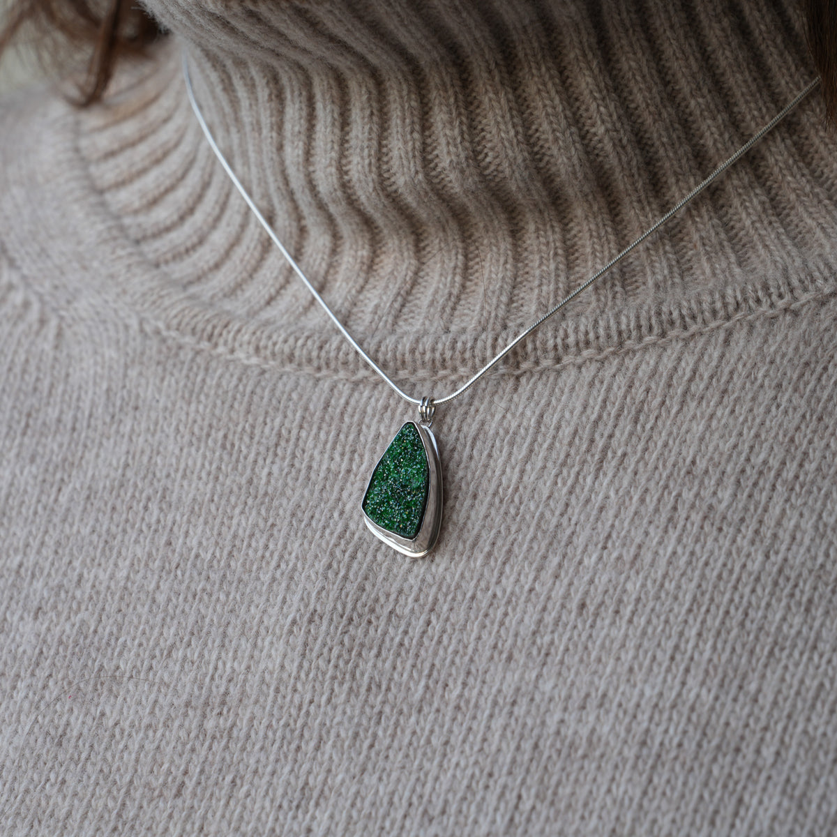Rare Green Uvarovite Druzy Garnet Pendant (January Birthstone)