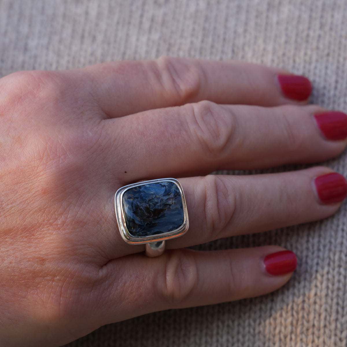 Silver Ring with Pietersite Square Cabochon-Cut