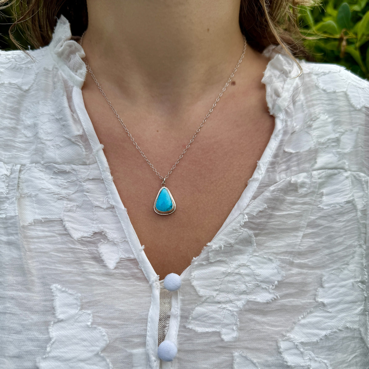 Sleeping Beauty Triangular Turquoise & Silver Pendant on Snake Chain