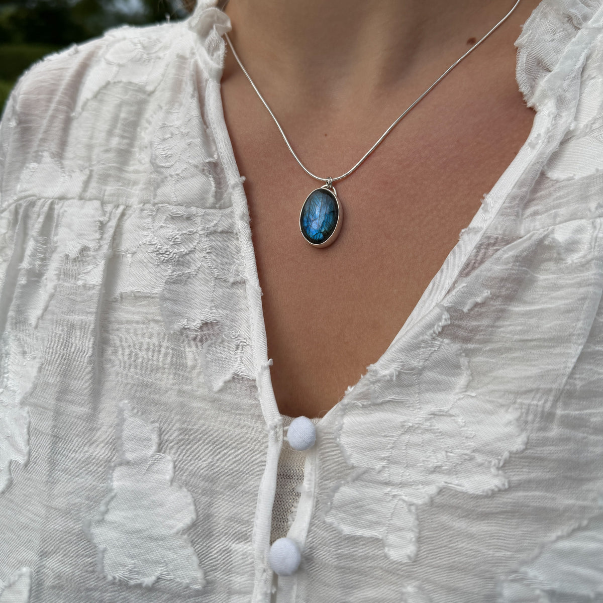 Blue Flash Labradorite Pendant on 18” silver chain