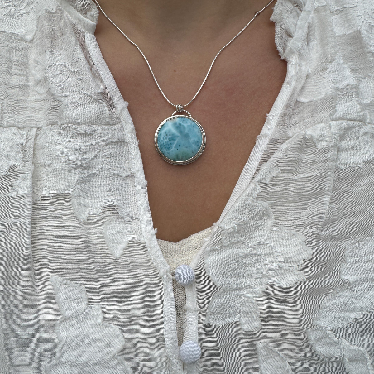 Round Larimar & Silver Pendant on 24” chain