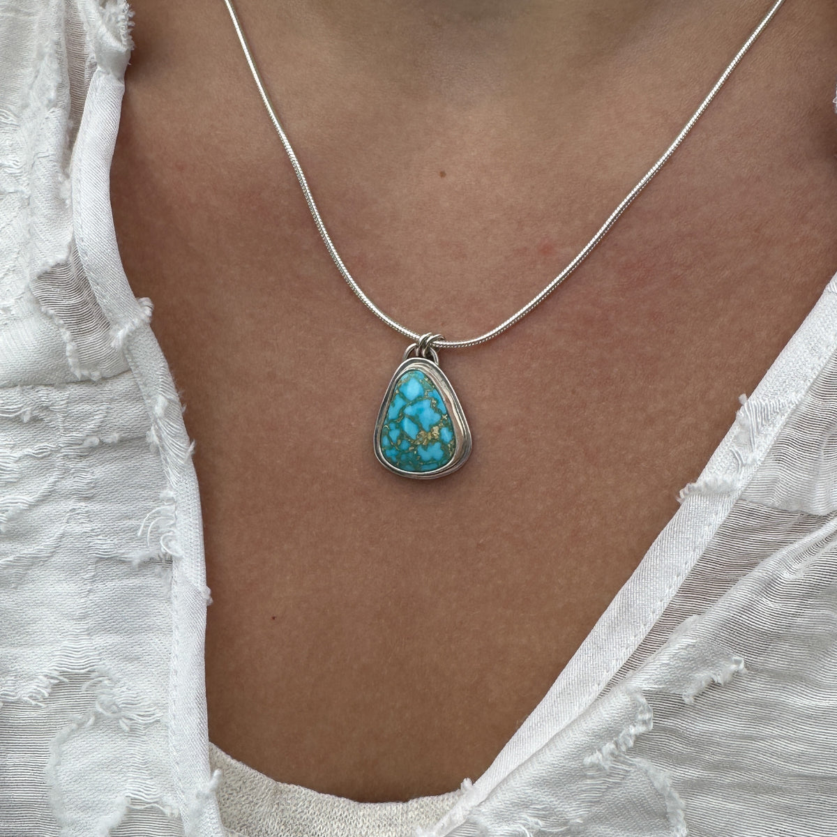 Turquoise Teardop Pendant with Golden Matrix on 18” Snake Chain