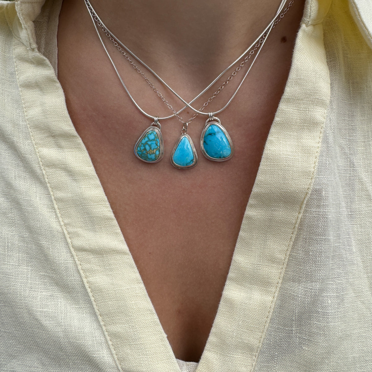 Turquoise Teardop Pendant with Golden Matrix on 18” Snake Chain