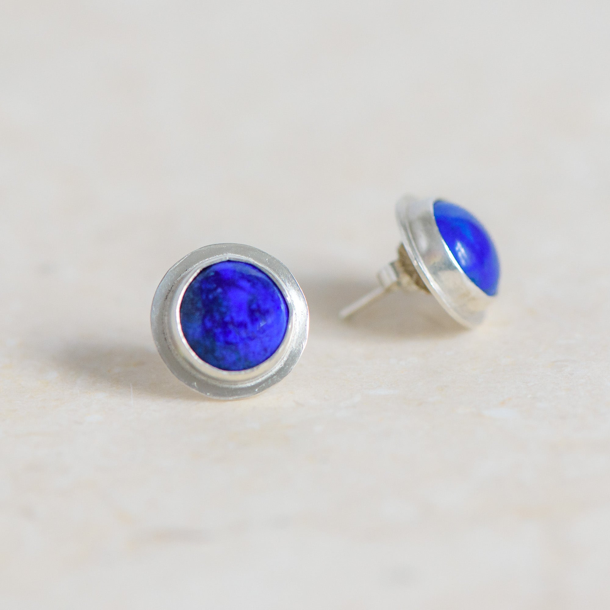 Lapis Lazuli Blue & Silver Stud Earrings. Handmade by Laura De Zordo Jewellery
