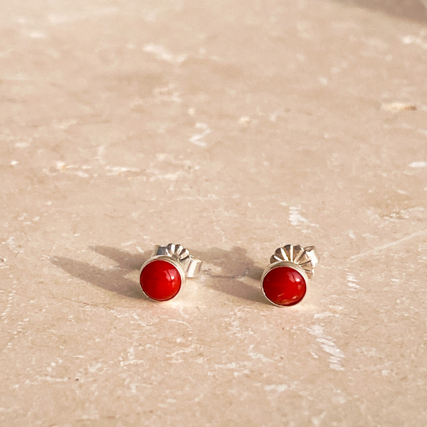 Red Coral &amp; Silver Stud Earrings 5mm