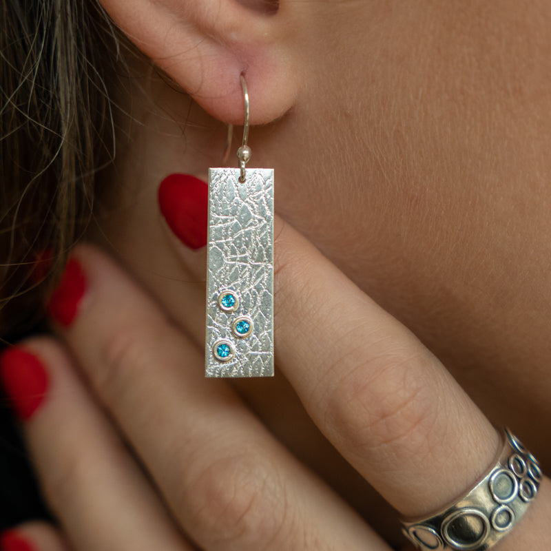 Hammered Silver Rectangle Earrings with Paraiba Coloured Topaz stones