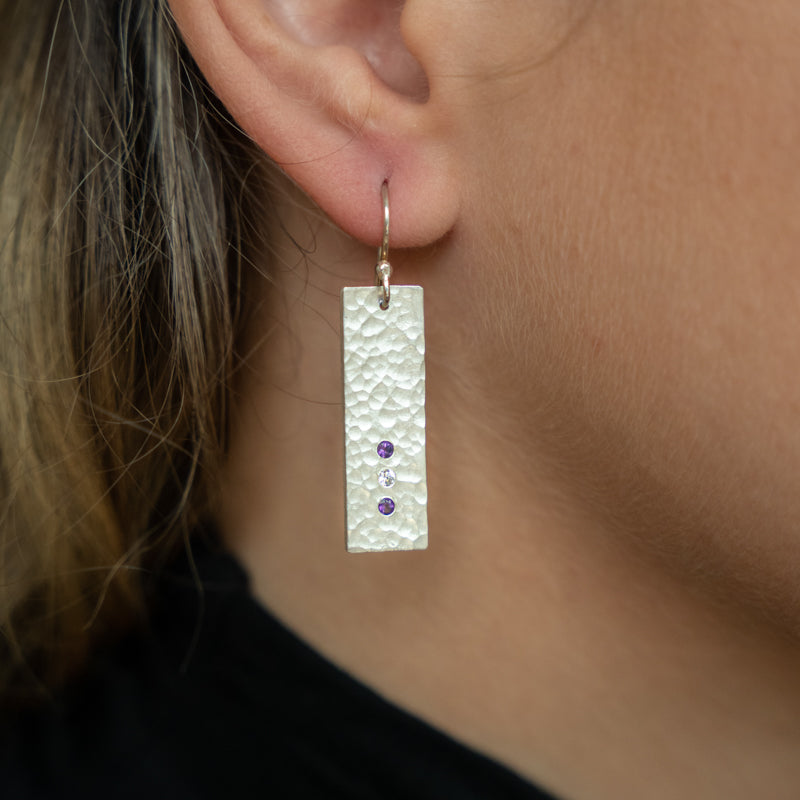 Hammered Silver Rectangle Earrings with Amethyst and CZ
