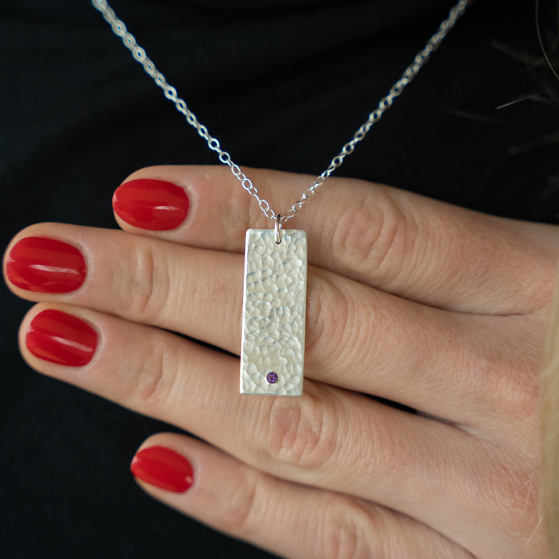 Hammered Silver Rectangle Pendant with Amethyst