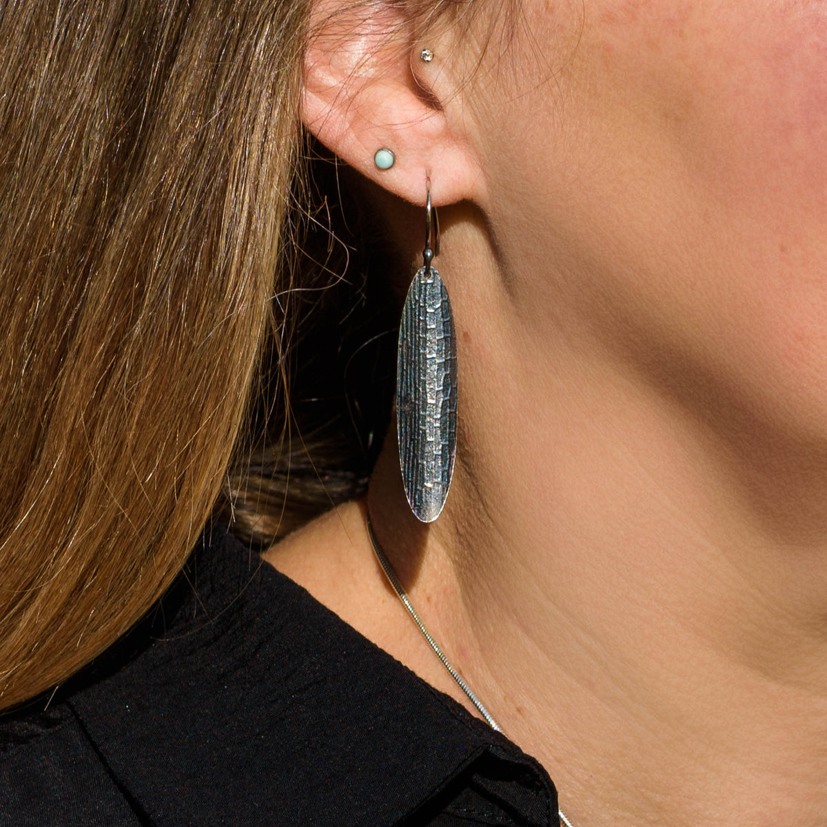 Large Long Oval Milled Oxidized Earrings