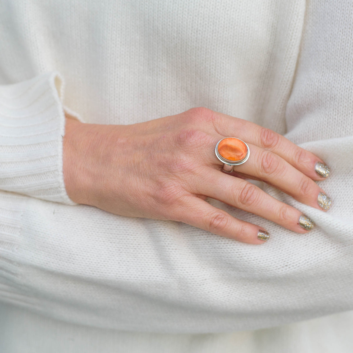 Orange Oval Spiny Oyster Shell &amp; Silver Ring