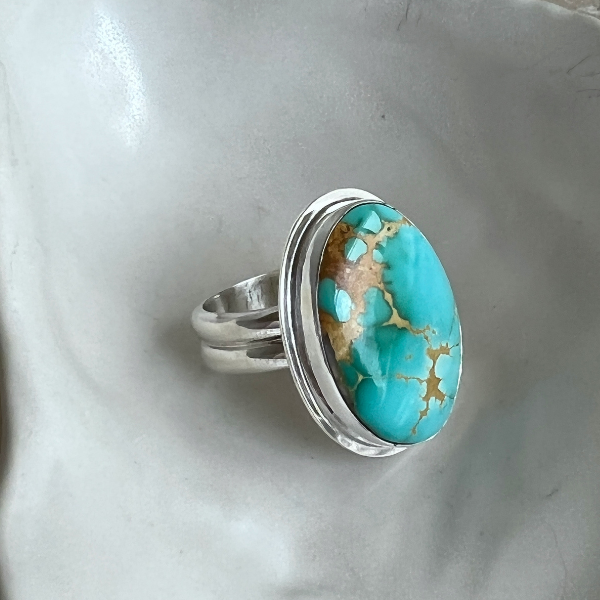 Royston Turquoise and Silver ring with Double Band. Handmade by Laura De Zordo Jewellery