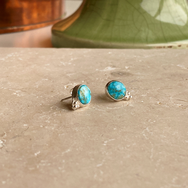 Turquoise Stud Earrings with Silver Granules.  Handmade in the UK by Laura De Zordo Jewellery