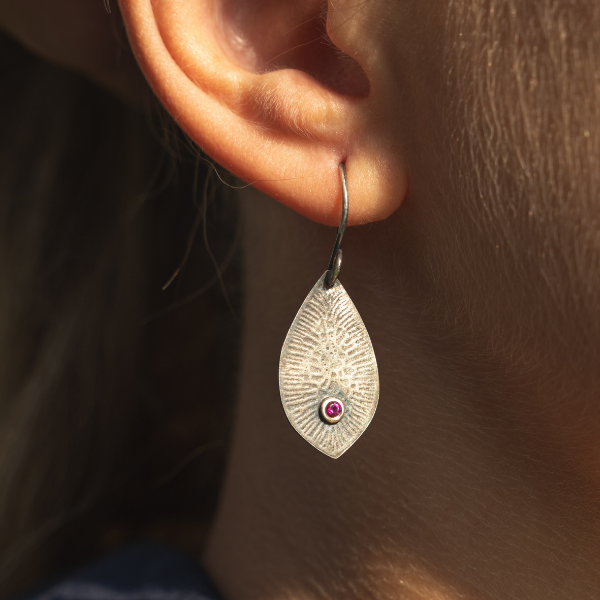 Antique Silver Teardrop Earrings with 2mm Ruby
