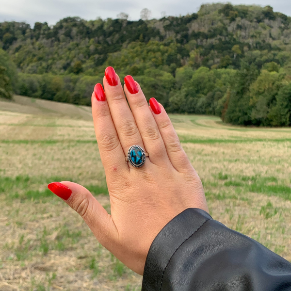 Dark Blue Turquoise Mountain Silver Ring with Beaded Surround