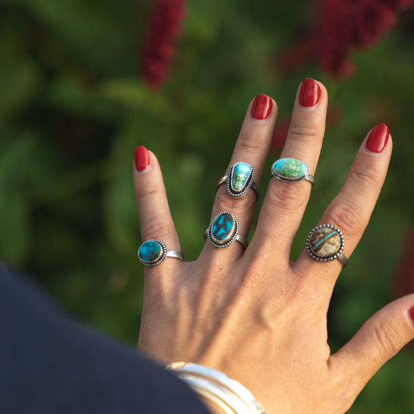 Dark Blue Turquoise Mountain Silver Ring with Beaded Surround