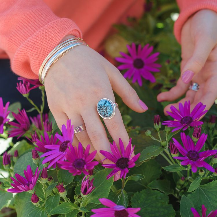 Large Kingman Blackweb Turquoise Ring Set in Sterling Silver