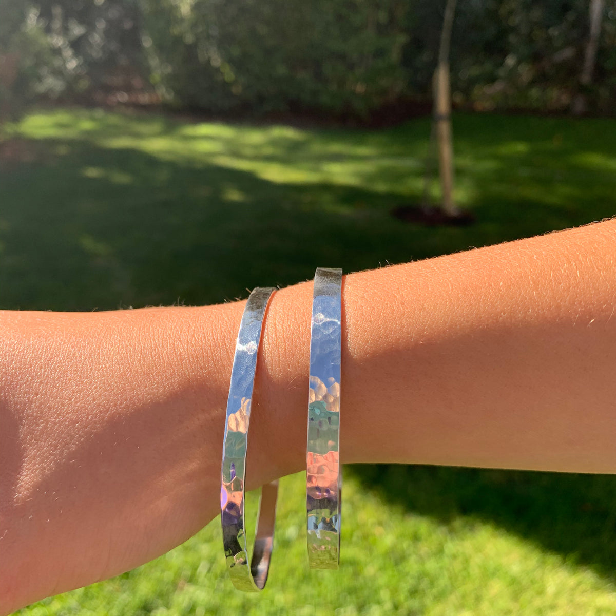 Sterling Silver Hammered Bangle.  Rectangle in Profile. Two Thickness available